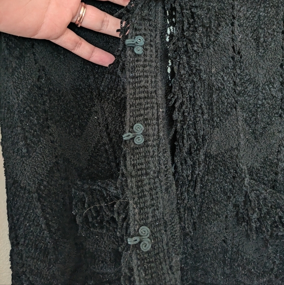 Vintage Y2K Nine West Black Velour Cardigan sz M Fringe Grunge Whimsigoth Punk - Picture 10 of 11